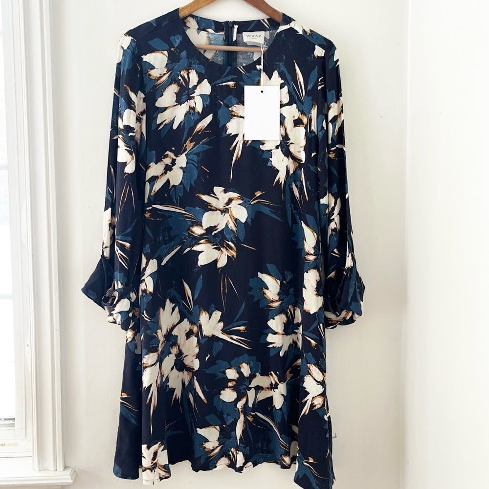 NWT Wrap London Floral Navy Shift Dress Linen Blend 8